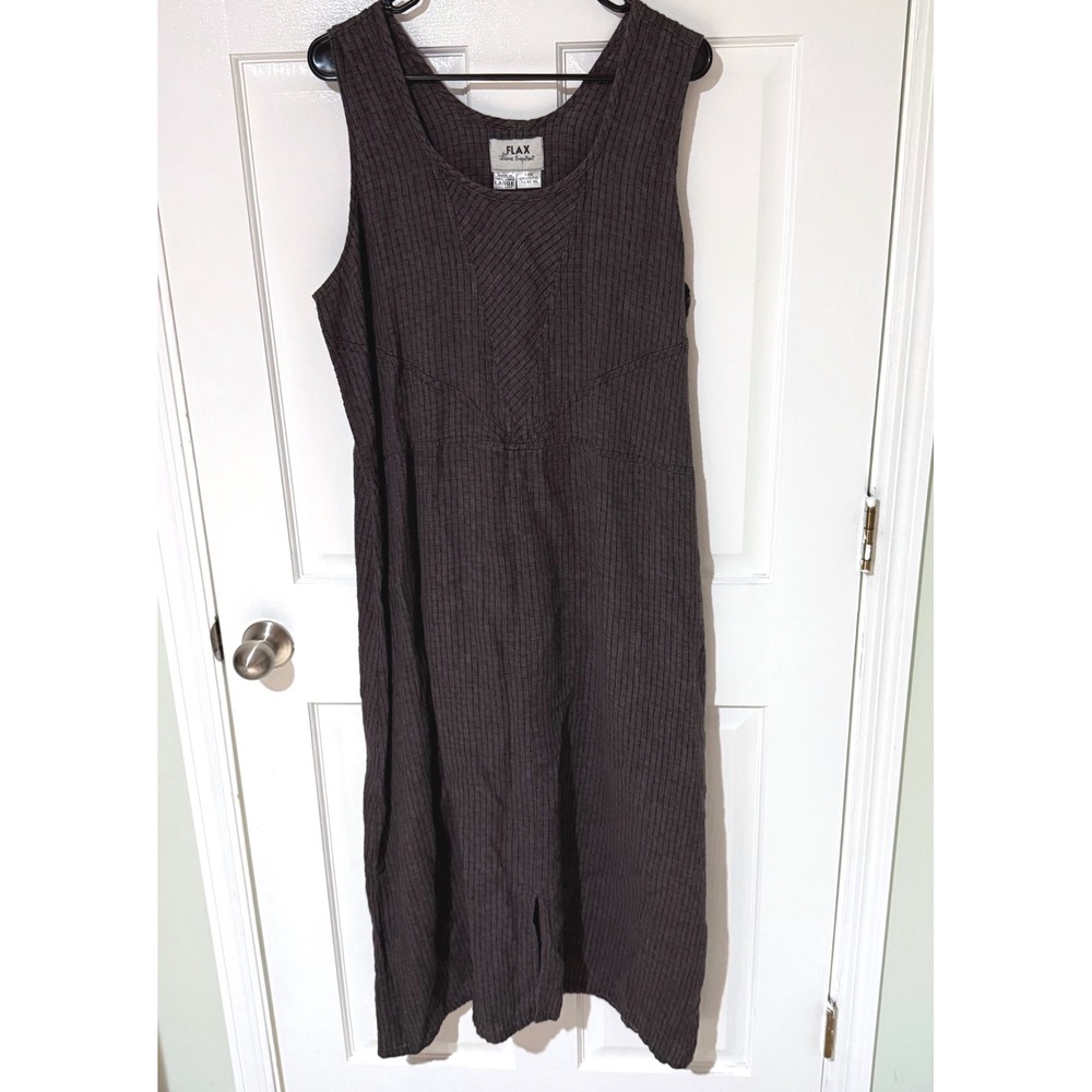 Flax by Jeanne Engelhart Linen Sleeveless Maxi Dress Brown Textured Large